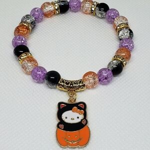 Handmade Glass Halloween Pumpkin Hello Kitty Beaded Charm Bracelet